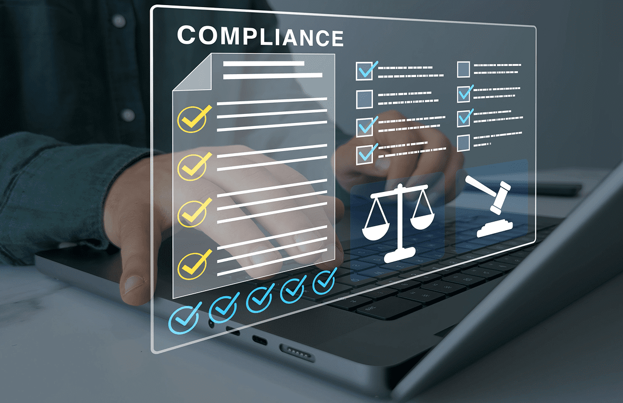 Digital compliance checklist with scales and gavel