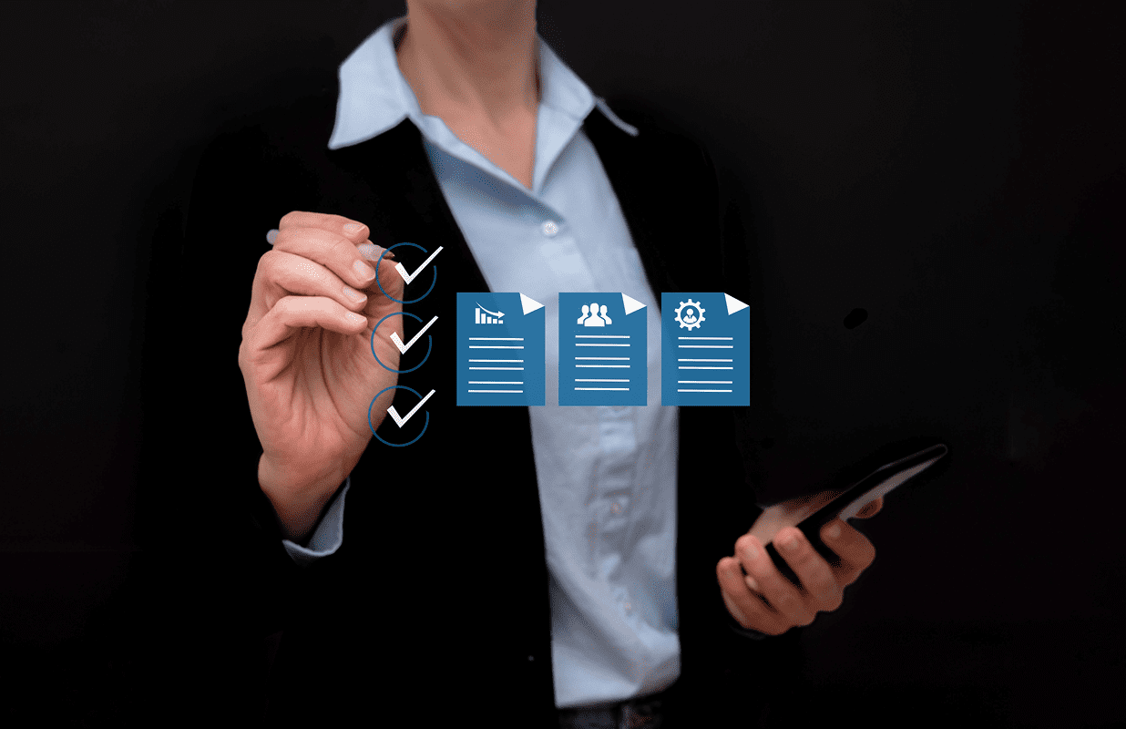 Businessperson marking digital checklist with smartphone